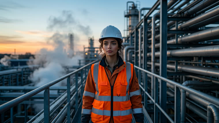 A shot of an engineer on a refinery gantry at first light
