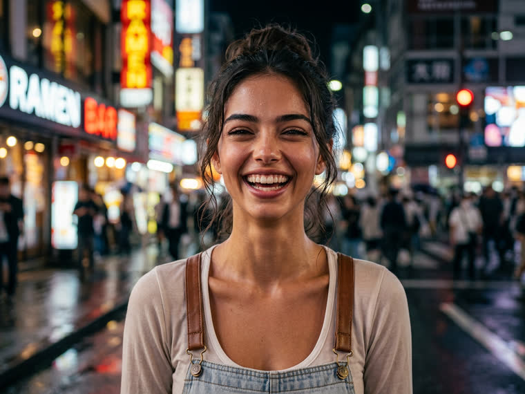 Malya, laughing on a neon street at night
